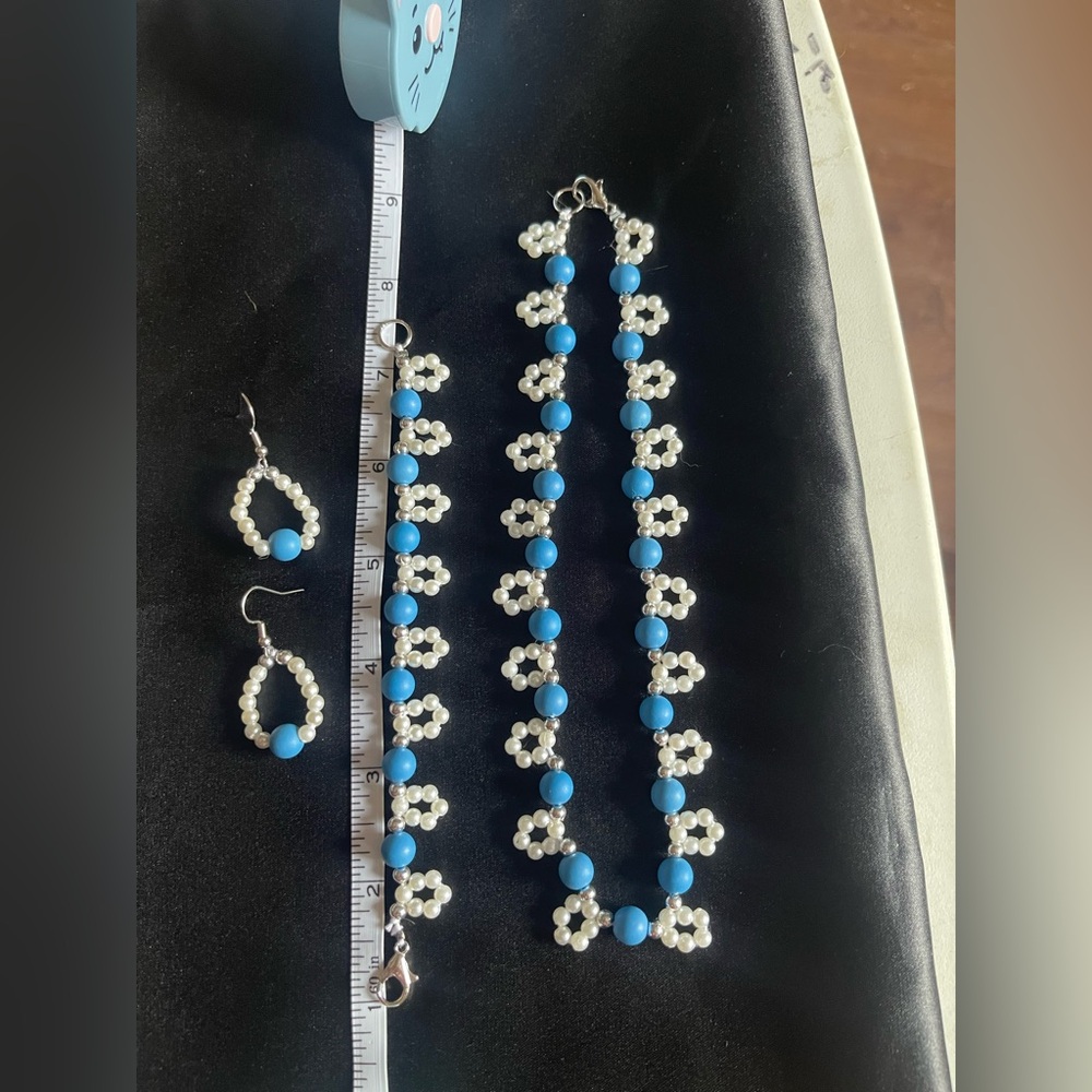 Blue and White Beaded Jewelry Set